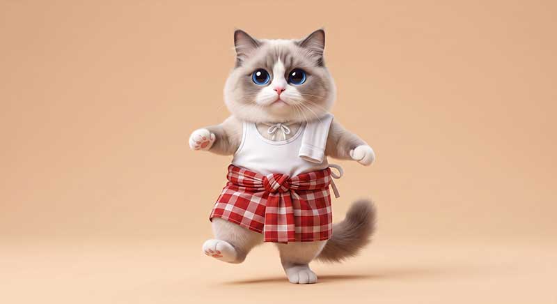 3D AI character design of a cute fluffy cat with blue eyes mid-step, wearing a white singlet, a small white towel draped over one shoulder, and a red and white checkered waist cloth tied securely, against a beige background by Inspirious Design