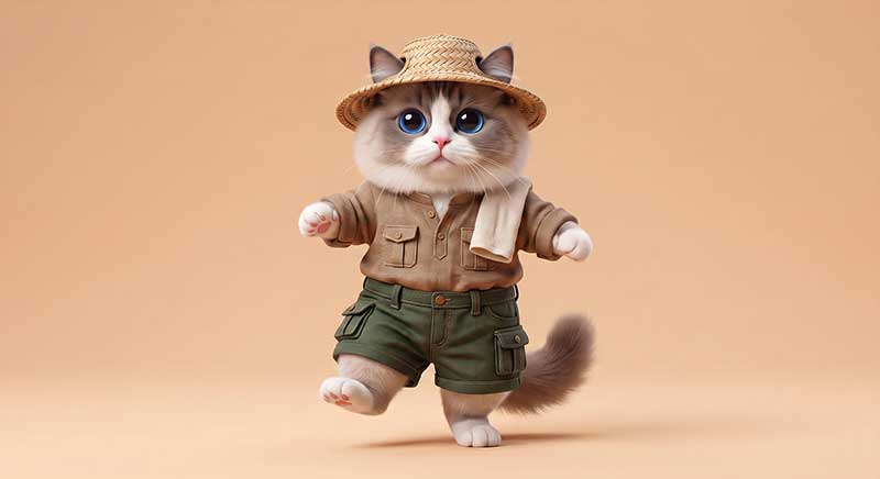 3D AI character design of a cute fluffy cat with blue eyes stepping forward, wearing a woven straw hat, a khaki button-up shirt with pockets, green cargo shorts, and a towel draped over his shoulder against a beige background by Inspirious Design