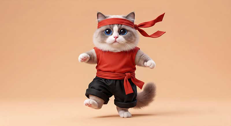 3D AI character design of a cute fluffy cat with blue eyes stepping forward aggressively, wearing a red sleeveless shirt, black shorts, and a long red tied headband flowing behind him against a beige background by Inspirious Design