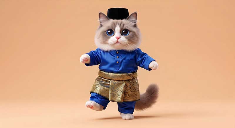 3D AI character design of a cute fluffy cat with blue eyes stepping forward, wearing a vibrant blue Baju Melayu, a gold patterned sampin, and a black songkok hat against a beige background by Inspirious Design