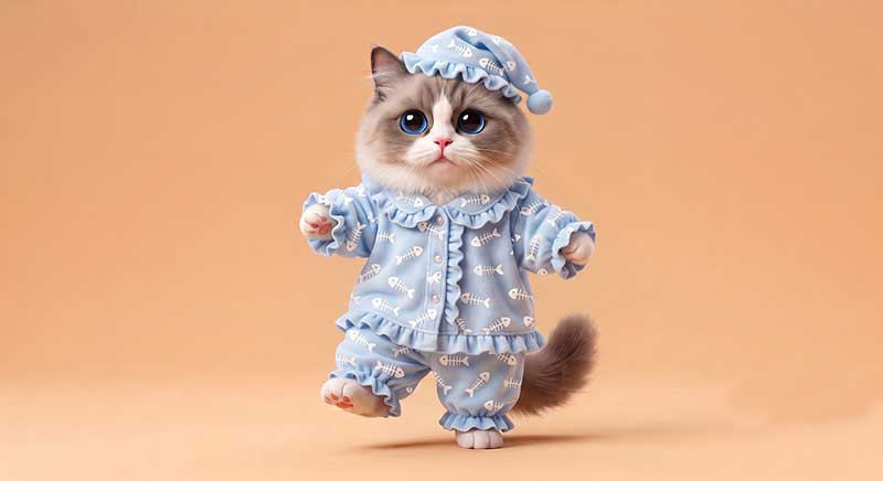 3D AI character design of a cute fluffy cat with blue eyes stepping forward, wearing light blue ruffled pajamas with a white fishbone pattern and a matching sleep cap with a pompom against a beige background by Inspirious Design