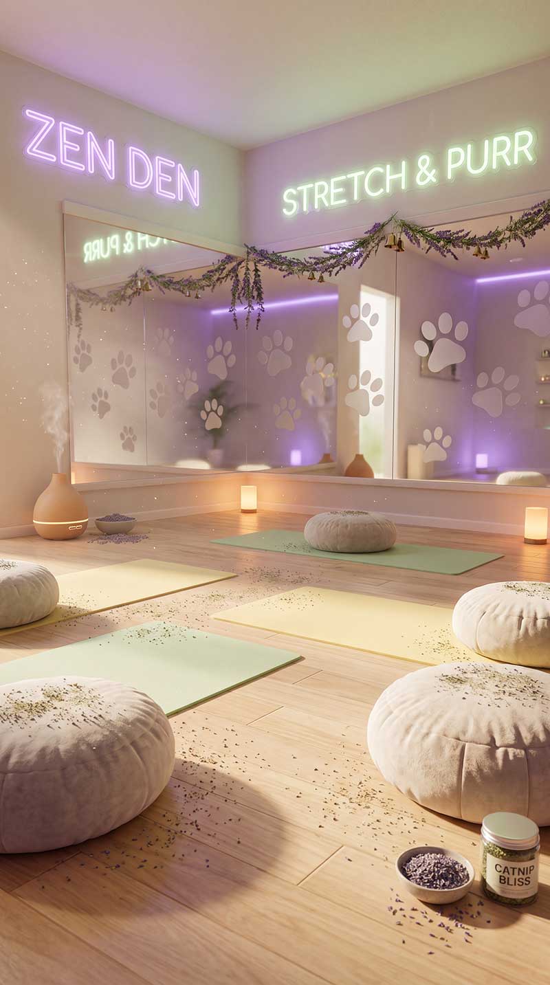 A serene, softly lit yoga studio with pastel neon signs reading "ZEN DEN" and "STRETCH & PURR", featuring paw-print mirrors, yoga mats, meditation cushions, and scattered catnip by Inspirious Design