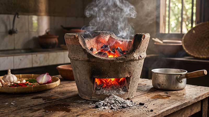 3D AI generated macro shot of a traditional Malaysian clay charcoal stove (dapur arang) glowing with hot embers and thick white smoke, sitting on a wet wooden table next to a woven tray of garlic, red chilies, and a halved onion by Inspirious Design.