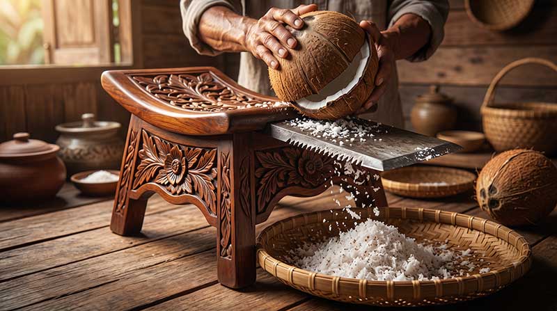 3D AI generated close-up of a traditional Malay wooden coconut grater (kukur kelapa) featuring intricate floral carvings, with a person's hands grating a halved coconut and fluffy white flakes falling into a woven bamboo tray on a rustic wooden table by Inspirious Design.