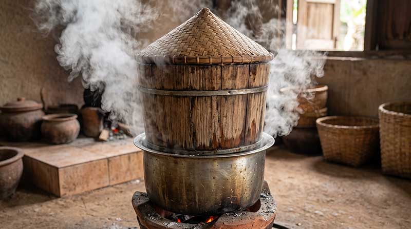 3D AI generated close-up of a traditional Malaysian wooden rice steamer (kukusan kayu) with a woven bamboo conical lid sitting atop a soot-stained metal pot on a glowing clay stove, with thick steam billowing around it in a rustic kitchen by Inspirious Design.