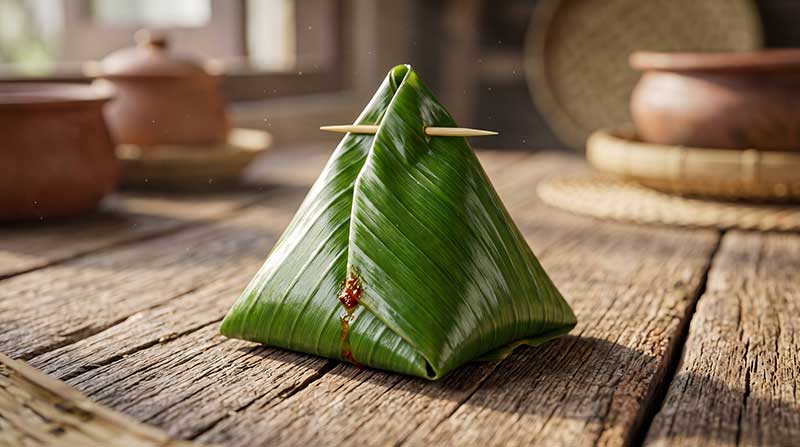 3D AI generated close-up of a perfectly folded pyramid-shaped Nasi Lemak wrapped in glossy green banana leaf, pinned with a wooden toothpick, with a tiny drop of red sambal leaking out on a rustic wooden table by Inspirious Design.