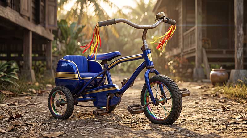 3D AI generated prop design of a pristine, metallic blue racing tricycle featuring gold racing stripes, rainbow iridescent wheels, red and yellow handlebar tassels, and a custom blue bucket seat, parked on a dirt path in a sunlit kampung village by Inspirious Design