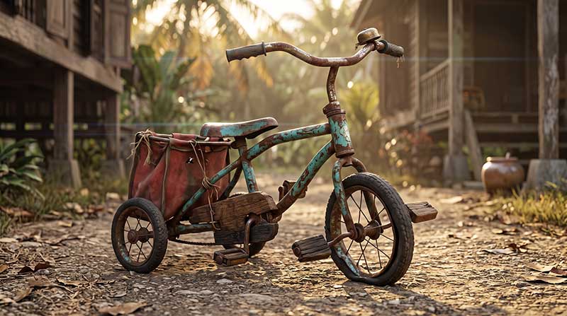 3D AI generated prop design of an old, heavily rusted tricycle with a light blue frame, wooden pedals, a deflated front tire, and a torn red canvas basket, parked on a dirt path in a traditional kampung village setting by Inspirious Design