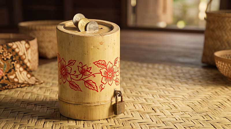 3D AI generated close-up of a traditional Malaysian bamboo coin bank (tabung buluh) painted with red floral motifs, secured with a small brass padlock, with three Malaysian Sen coins sticking out of the top slot, sitting on a woven pandan mat by Inspirious Design.