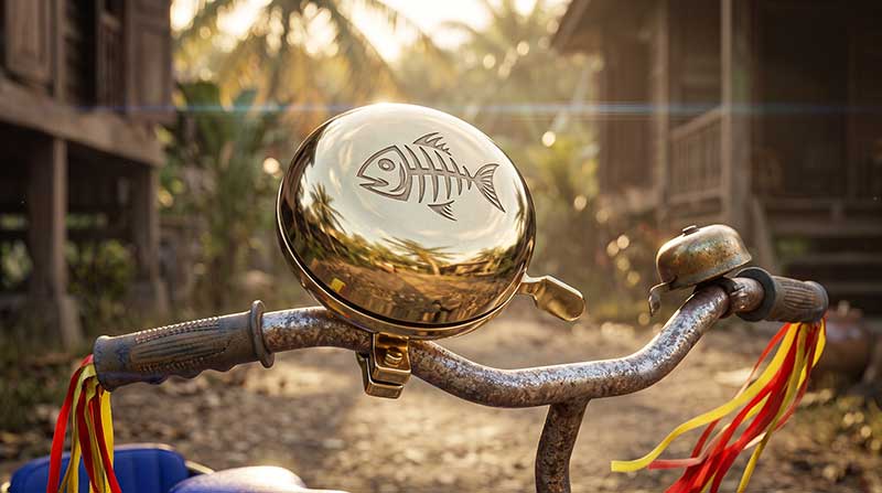 3D AI generated prop design of a highly polished, large golden bicycle bell featuring an engraved fishbone design, mounted on rusty bicycle handlebars with red and yellow ribbons, bathed in warm sunlight against a blurred kampung village background by Inspirious Design