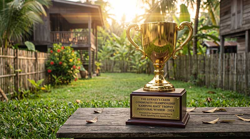 3D AI generated prop design of a highly reflective golden championship cup trophy on a dark wooden base with an engraved plaque, sitting on a weathered wooden table in a lush, sunlit kampung village garden setting by Inspirious Design
