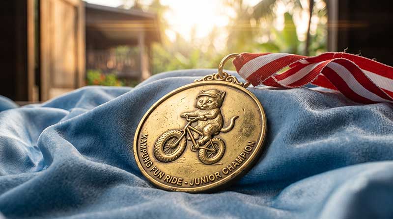 3D AI generated prop design of an intricate bronze medal featuring an embossed cat riding a bicycle, resting on draped light blue velvet fabric with a red and white striped ribbon, with a soft, sunlit background by Inspirious Design