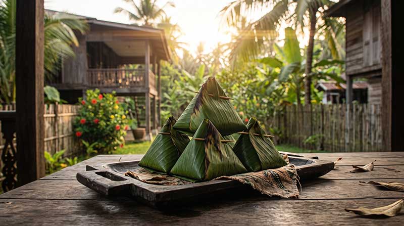 3D AI generated prop design of a perfectly stacked pyramid of banana leaf-wrapped Nasi Lemak packets secured with toothpicks, resting on a rustic wooden tray in a sunlit kampung village setting by Inspirious Design