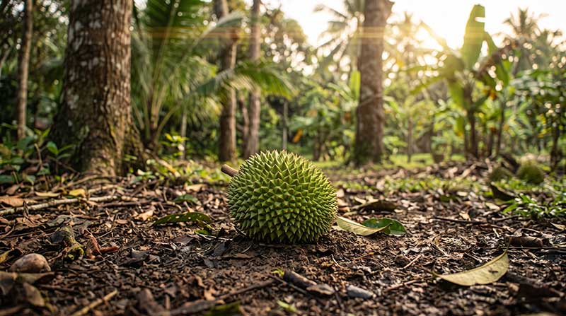 3D AI generated prop design of a highly realistic, spiky green durian fruit resting on dry brown leaves and soil in a sunlit tropical orchard setting by Inspirious Design
