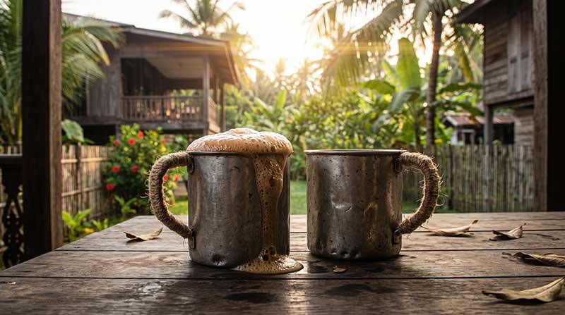 3D AI generated prop design of two rustic metal mugs on a wet wooden table, with one mug overflowing with thick, frothy Teh Tarik foam spilling down the side, set against a blurred, sunlit kampung village background by Inspirious Design