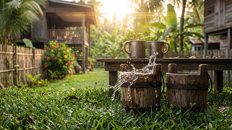 3D AI generated prop design of two weathered wooden buckets sitting in lush green grass, with one bucket actively splashing crystal clear water out of the top, bathed in golden hour sunlight in a kampung village setting by Inspirious Design