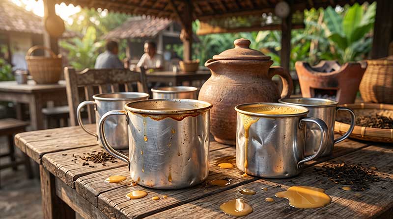 3D AI generated close-up of dented and scratched vintage silver tin mugs filled with frothy Teh Tarik, with messy tea spills on a rustic wooden table in a busy open-air kampung cafe by Inspirious Design.