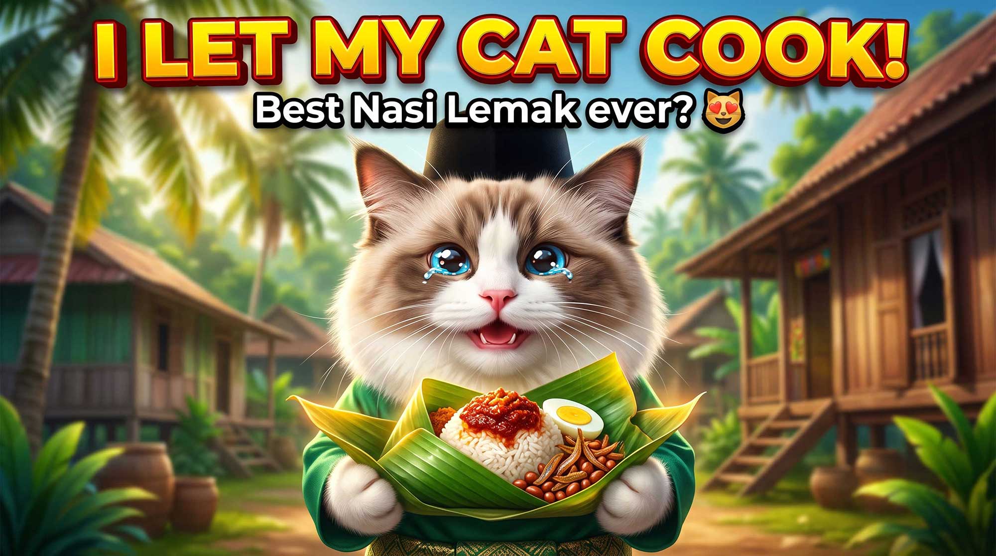 A vibrant YouTube thumbnail featuring Awan, a cute fluffy cat wearing a songkok and green Baju Melayu, holding an open banana leaf filled with Nasi Lemak, crying tears of joy. Bold yellow and red comic-style text reads 'I LET MY CAT COOK!' with a sub-headline 'Best Nasi Lemak ever?' accompanied by a heart-eyes emoji, set against a sunny Malaysian kampung background.