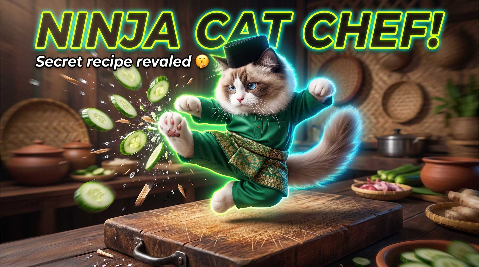 Action-packed YouTube thumbnail featuring Awan the cat in a green Baju Melayu doing a flying ninja kick in a rustic kitchen, surrounded by a glowing neon aura. Sliced cucumbers fly through the air. Bold neon yellow text reads 'NINJA CAT CHEF!' with white text 'Secret recipe revealed' and a shushing face emoji.