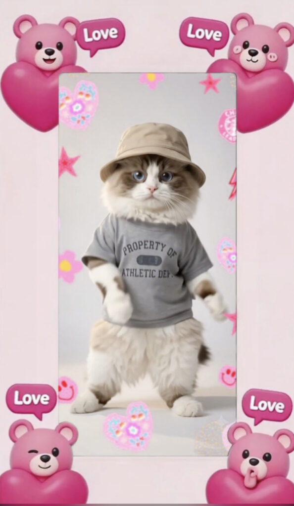 Cute AI Animated Ragdoll cat wearing a bucket hat and grey athletic shirt dancing, surrounded by a pink border with 3D teddy bears and love hearts by Inspirious Design