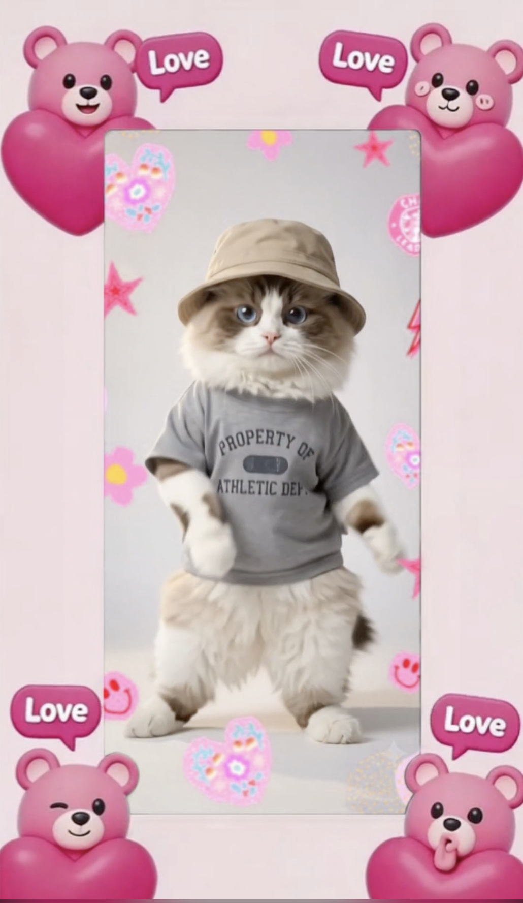 Cute AI Animated Ragdoll cat wearing a bucket hat and grey athletic shirt dancing, surrounded by a pink border with 3D teddy bears and love hearts by Inspirious Design