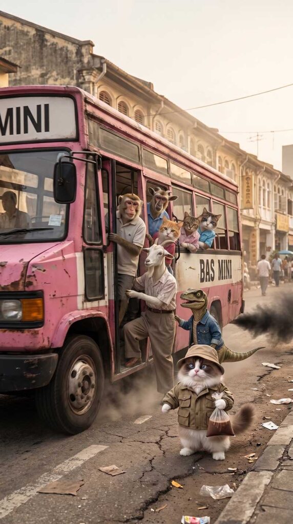 3D AI animated wide shot of a vintage pink KL Bas Mini bus on a nostalgic Malaysian street with a cute chubby Ragdoll cat in the foreground holding iced Milo, a velociraptor in a denim jacket, and a goat and monkeys boarding the bus by Inspirious Design