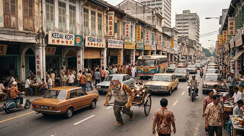 AI-generated 3D environment of a bustling 1970s Kuala Lumpur street featuring vintage shophouses, classic cars, a retro bus, and a muscular tiger pulling a cat in a rickshaw by Inspirious Design