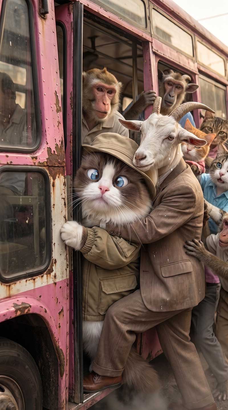 3D AI animated comedic scene of a panicked chubby Ragdoll cat being squished into the doorway of a crowded vintage pink Bas Mini bus by a goat in a brown suit, surrounded by other animal passengers like monkeys and cats by Inspirious Design