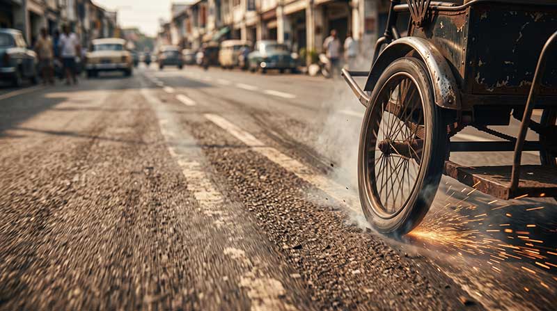 AI-generated low-angle close-up of a vintage metal rickshaw wheel violently scraping against an asphalt road, kicking up bright sparks and thick smoke by Inspirious Design