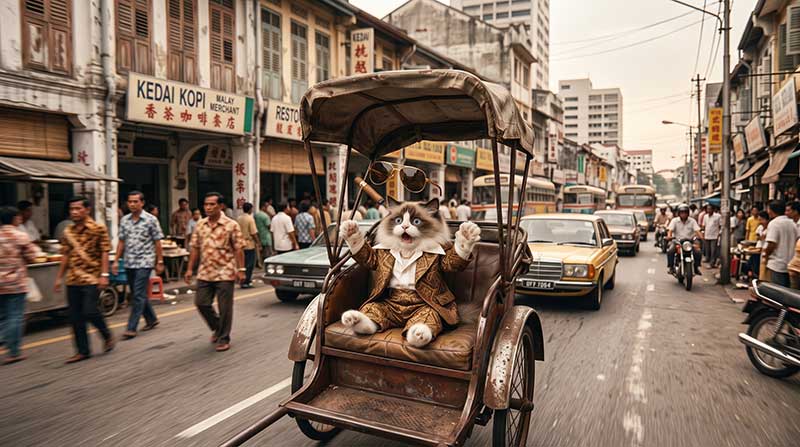 AI-generated medium shot of a terrified ragdoll cat in a 1970s suit with paws raised in panic inside a moving vintage rickshaw, with gold sunglasses and cigar flying mid-air against a blurred 1970s Kuala Lumpur street by Inspirious Design