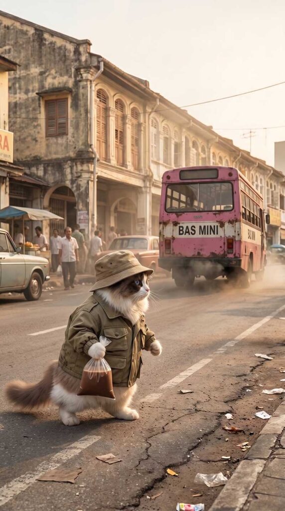 3D AI animated scene of a cute chubby Ragdoll cat in a safari outfit holding a plastic bag of iced Milo standing on a vintage Malaysian street with old shophouses while a rusty pink Bas Mini bus drives away in the dusty background by Inspirious Design