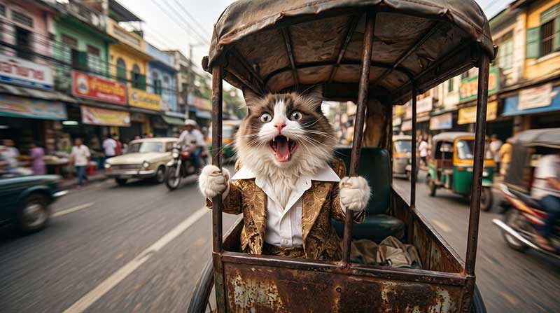 AI-generated close-up of a terrified ragdoll cat in a disheveled 1970s suit screaming with its mouth wide open while tightly gripping the rusted metal frame of a speeding vintage rickshaw on a blurred 1970s street by Inspirious Design