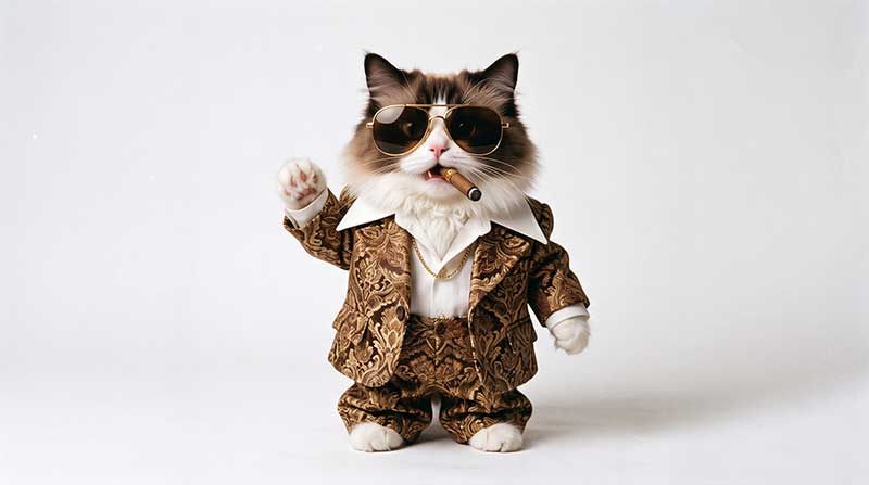 Cute AI animated ragdoll cat wearing a vintage 1970s gold and brown brocade suit, gold aviator sunglasses, and smoking a cigar by Inspirious Design