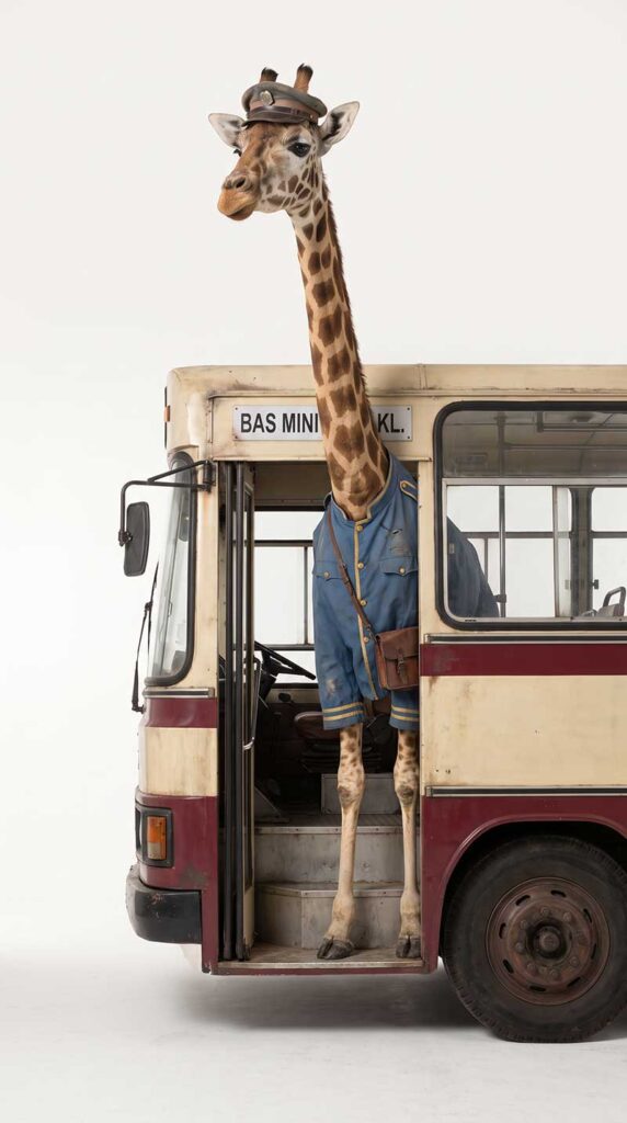 3D AI generated character design of a tall giraffe wearing a blue vintage bus conductor uniform standing in the doorway of an old rusty Bas Mini bus on a white background by Inspirious Design