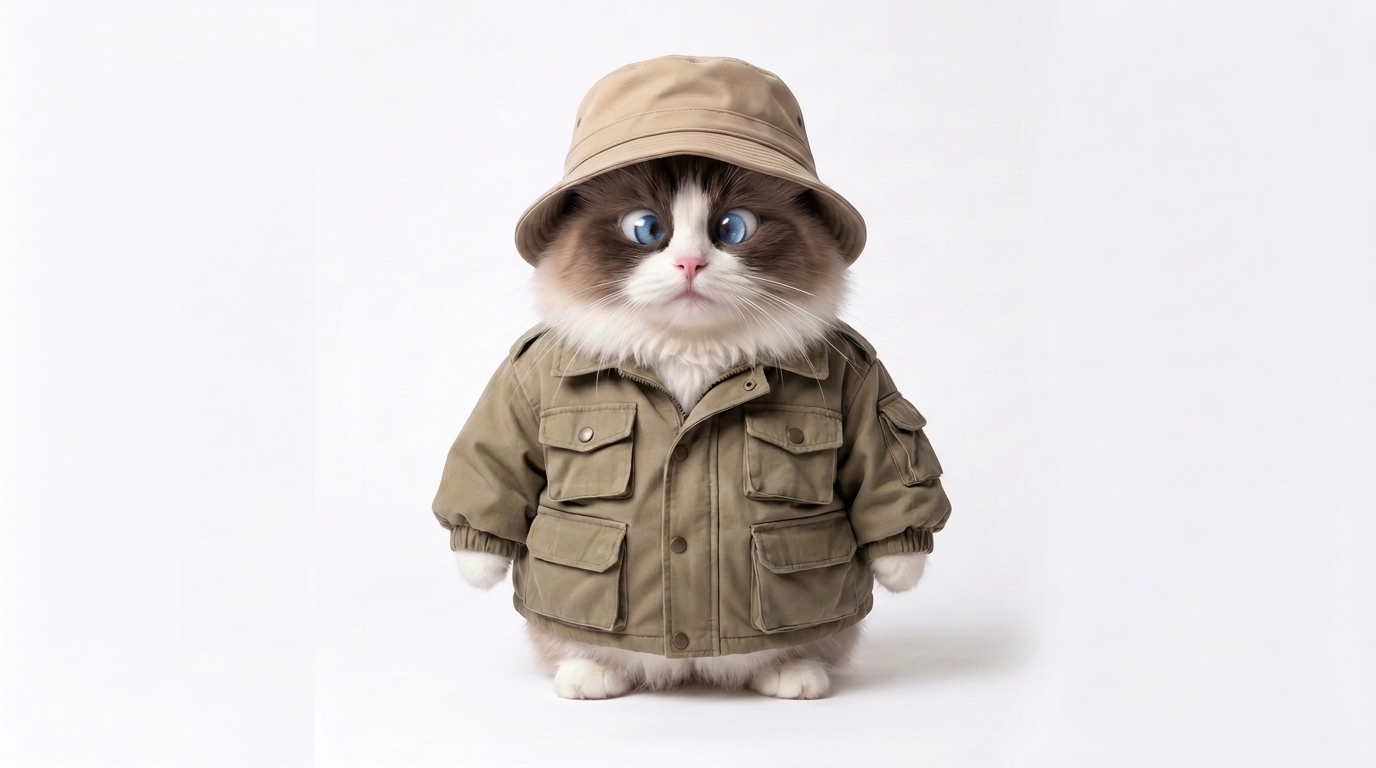 3D AI generated character design of a cute, incredibly fluffy chubby Ragdoll cat with bright blue eyes wearing an oversized khaki safari jacket and a matching bucket hat standing on a white background by Inspirious Design