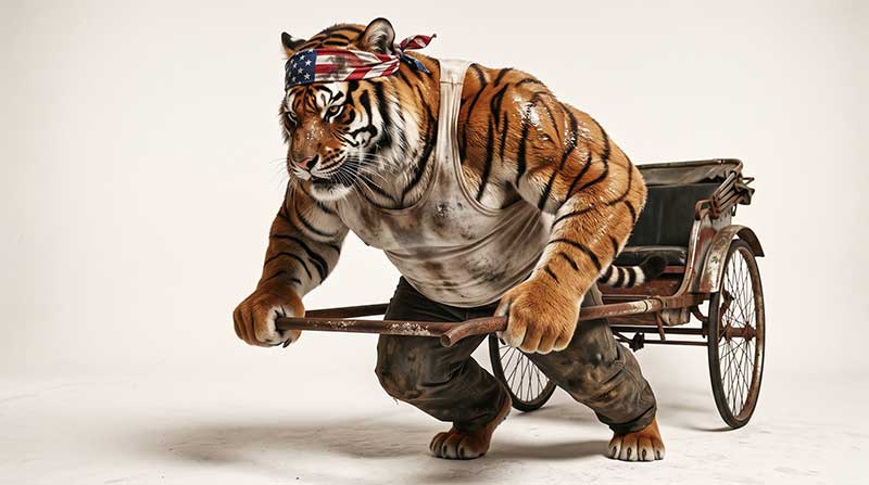 Muscular anthropomorphic tiger wearing a sweat-stained Americana bandana and dirty singlet gripping a vintage rickshaw by Inspirious Design