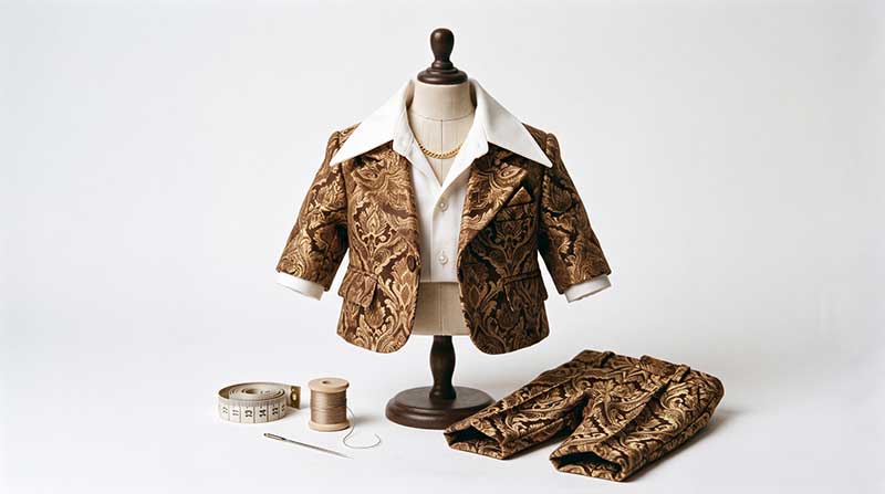 AI-generated miniature 1970s gold and brown brocade leisure suit with wide white collar on a tailor dummy by Inspirious Design