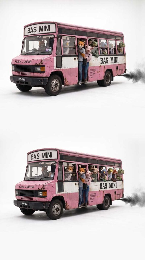 3D AI animated vintage pink mini bus speeding dangerously down a nostalgic 1980s Kuala Lumpur street by Inspirious Design
