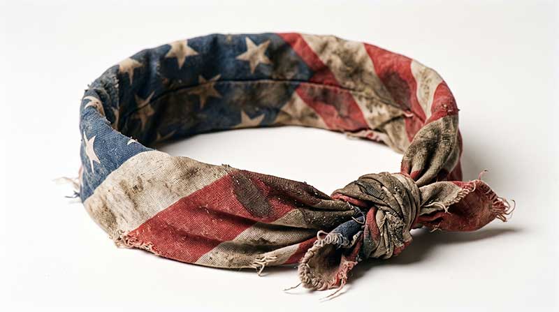 AI-generated heavily distressed and frayed red, white, and blue Americana fabric bandana tied in a knot by Inspirious Design