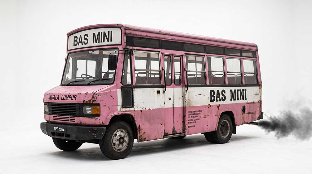 3D AI generated hyper-realistic vintage pink Malaysian Bas Mini bus with rust spots, dirty windows, and thick black exhaust smoke billowing from the tailpipe on a white background by Inspirious Design