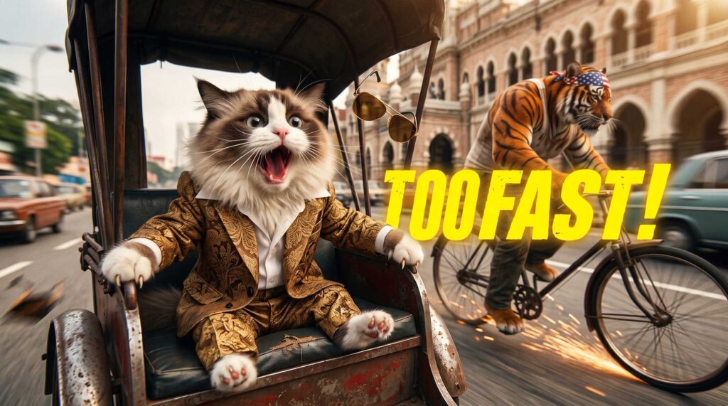 Terrified cat tycoon in a 1970s suit drifting in a vintage rickshaw pulled by a muscular tiger in Kuala Lumpur with text saying TOO FAST.