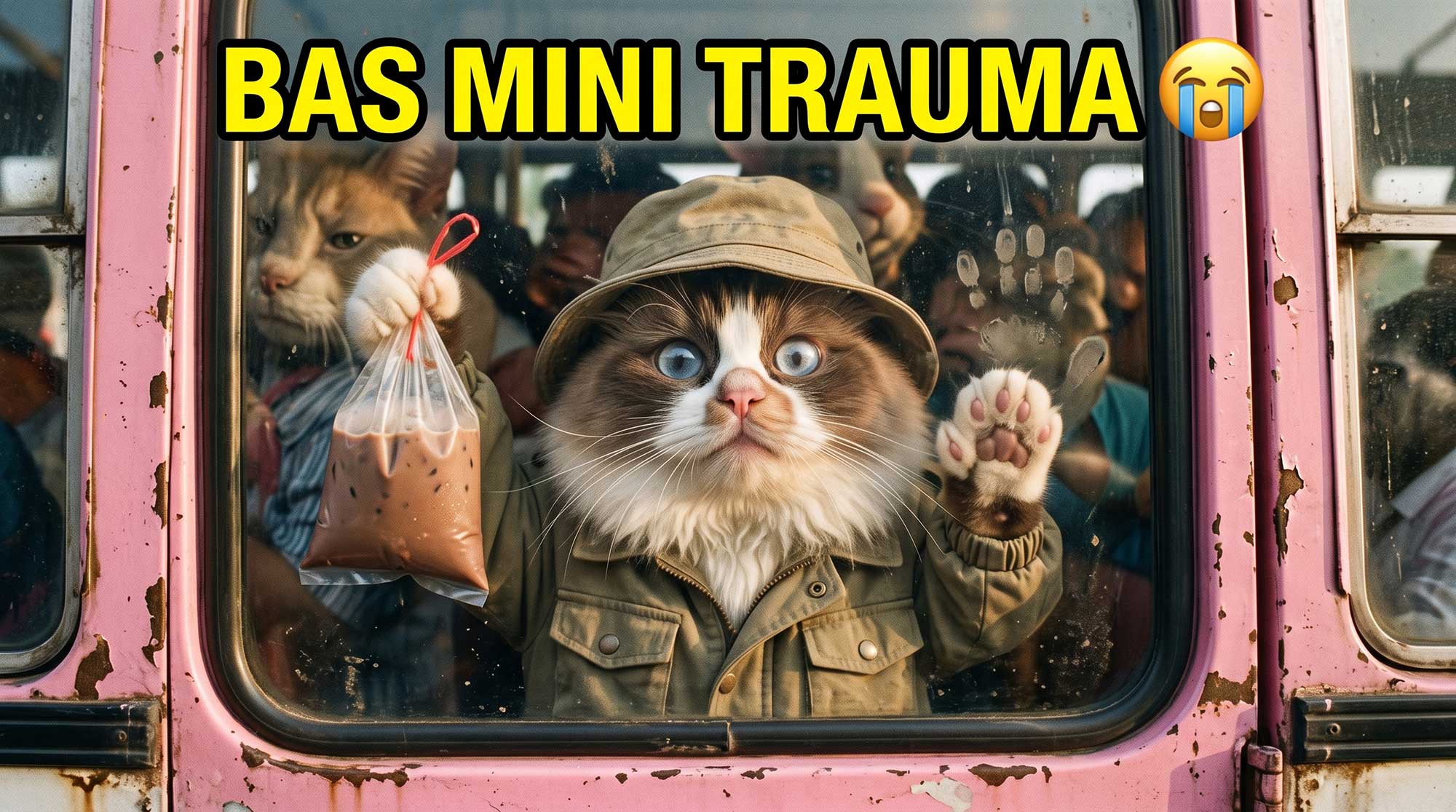 AI generated YouTube thumbnail showing a wide-eyed Cute AI Animated Ragdoll cat in a bucket hat squished against a vintage pink bus window holding an iced Milo drink. Text reads "BAS MINI TRAUMA" with a crying emoji, by Inspirious Design