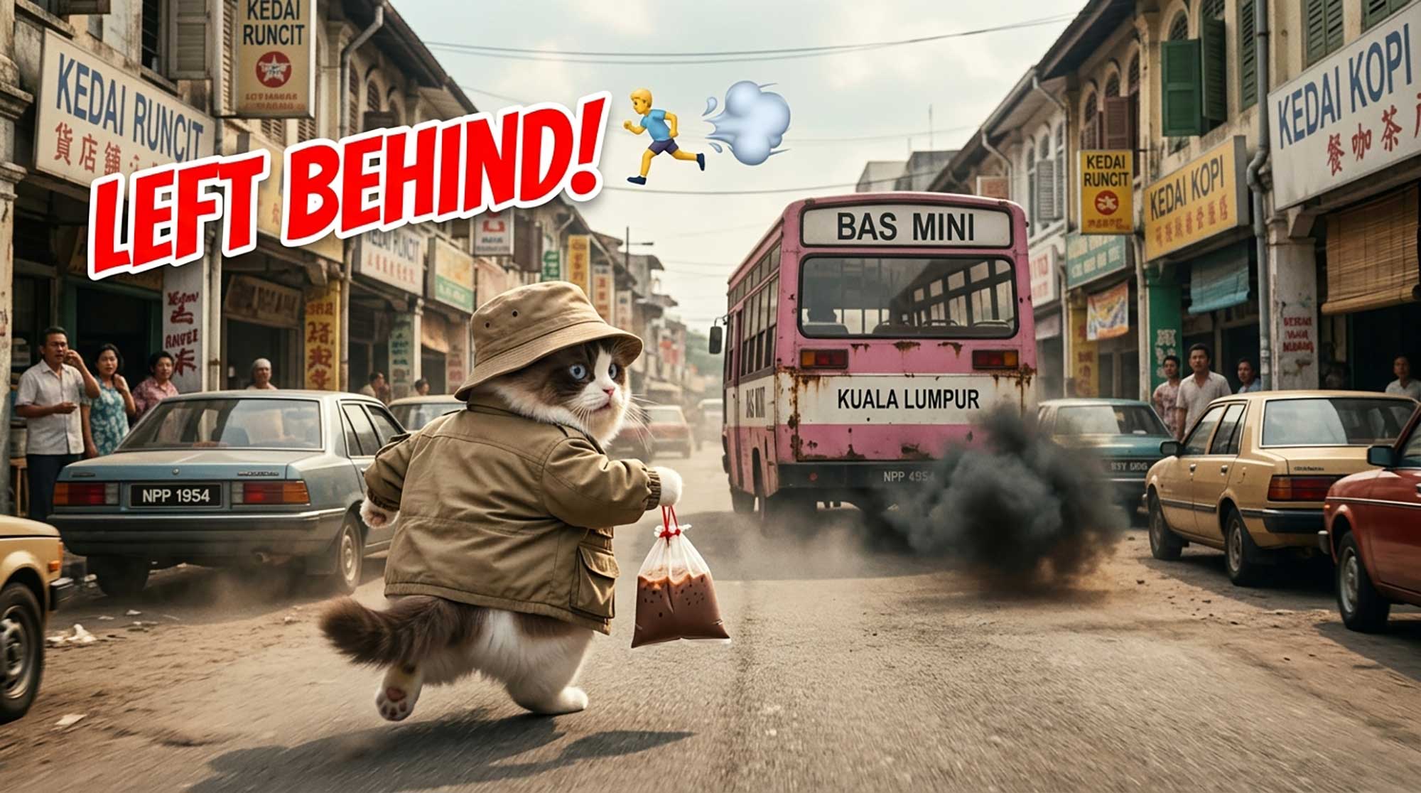 AI generated YouTube thumbnail showing a fluffy Ragdoll cat in a jacket running down a nostalgic 1980s KL street chasing a speeding pink Bas Mini. Text reads "LEFT BEHIND!" with a running emoji, by Inspirious Design