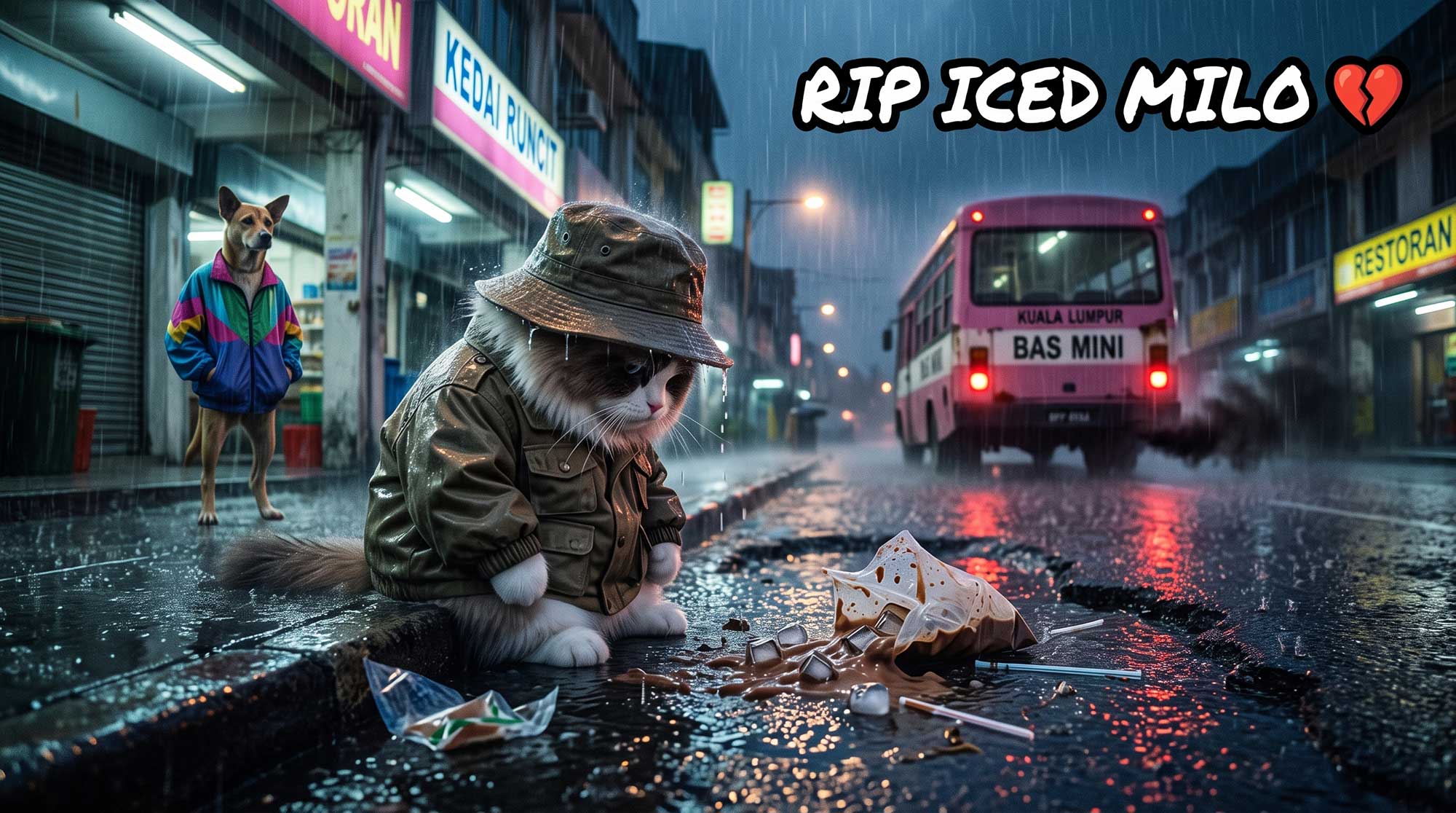 AI generated YouTube thumbnail showing a sad Cute AI Animated Ragdoll cat in the rain looking at a spilled plastic bag of iced Milo on a wet street. Text reads "RIP ICED MILO" with a broken heart emoji, by Inspirious Design