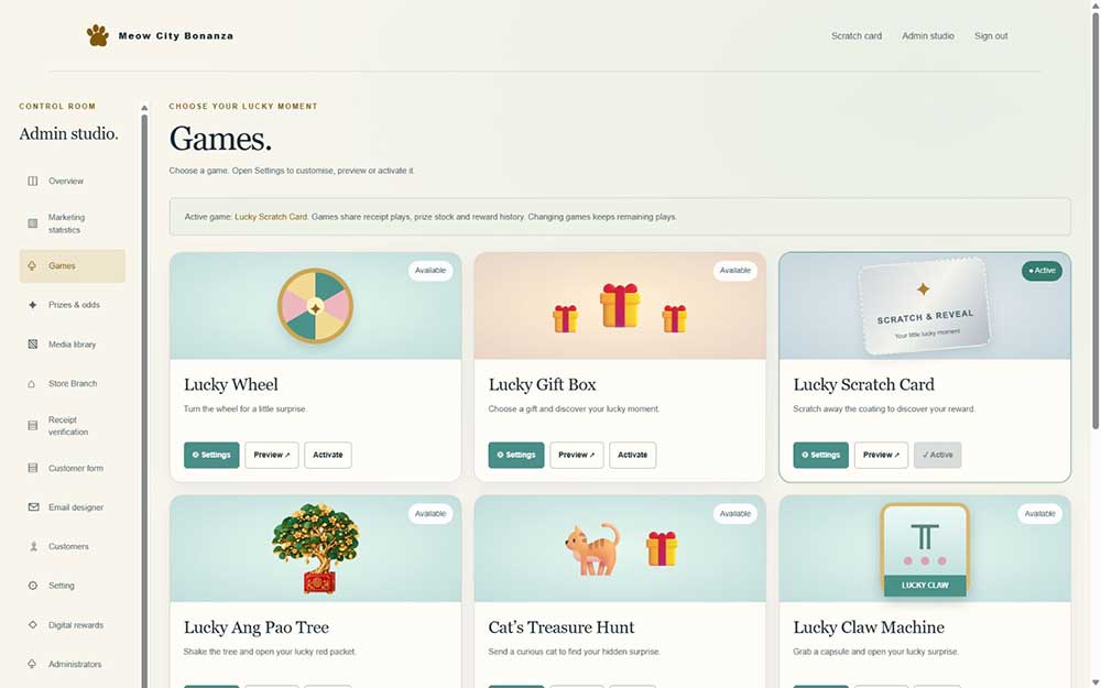 Game management screen showing wheel, gift box, scratch card, ang pao tree, treasure hunt and claw machine options.