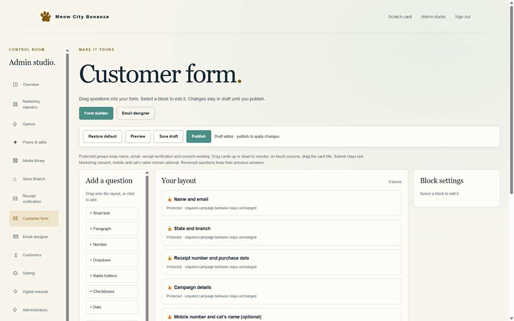 Customer form builder with question types, layout blocks, preview, Save draft and Publish controls.