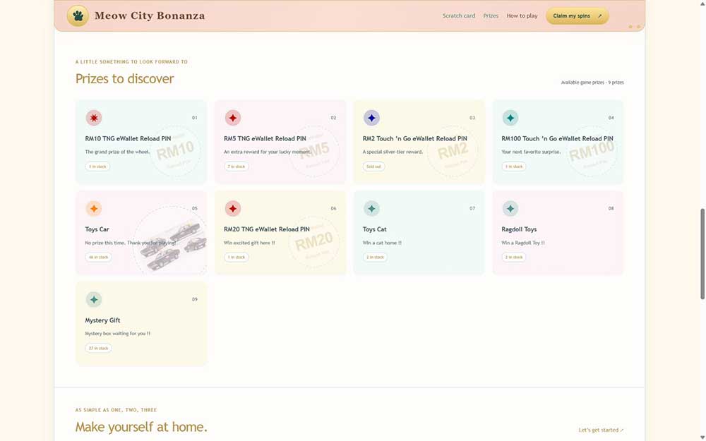 Campaign prize catalogue showing eWallet reload rewards, toy prizes and stock availability labels.
