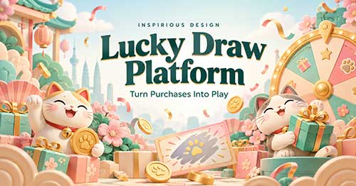 Pastel illustration of two cats, a prize wheel, gifts and a scratch card for Inspirious Design’s Lucky Draw Platform.